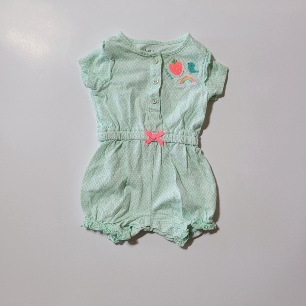 Child of Mine Carter’s 0-3M Green Strawberry Rainbow Romper Baby Girl Outfit